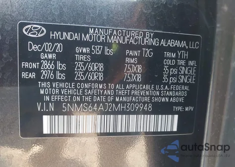2021 Hyundai Santa Fe Sel from USA, damaged, VIN 5NMS64AJ2MH309948